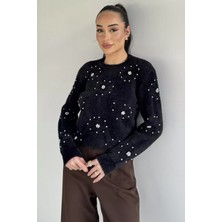 Gülseli Kadın Çiçek Baskılı Taşlı Sakallı Triko Kazak (S-M-L Beden Uyumludur.) P-00018050