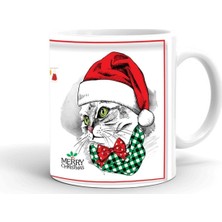 Yılbaşı Kedi Temalı Baskılı Seramik Beyaz Kupa