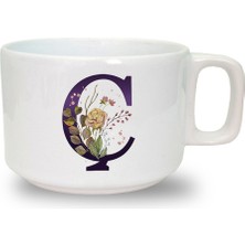 Kahverengi Gül Ç Harfi Baskılı Seramik Beyaz Kahve Kupası