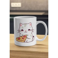 Pizza Yiyen Beyaz Kedi Kupa - Kedili Baskılı Kupa Bardak