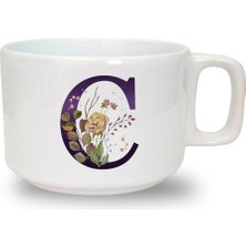 Kahverengi Gül C Harfi Baskılı Seramik Beyaz Kahve Kupası