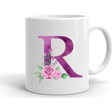 Mor Renkli R Harfi Baskılı Seramik Beyaz Kahve Kupası