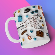 Babalar Gününe Özel 3D Görünümlü Kişileştirebilir Baba ve Çoçukları Temalı Kupa Bardak (3 Çocuklu)