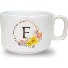 Beyaz  Çiçek Desenli F Harfi Baskılı Seramik Kahve Kupası