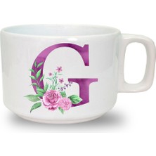 Mor Renkli G Harfi Baskılı Seramik Beyaz Kahve Kupası