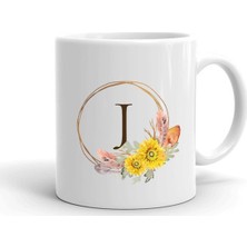 Çiçek Desenli J Harfi Baskılı Seramik Beyaz Kupa