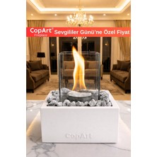 Quadrata Beyaz Biyoetanol Masaüstü Beton Şömine - 1 Lt Yakıt ve Dekoratif Taş Hediye