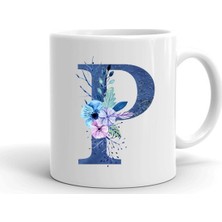 Mavi Renkli P Harfi Baskılı Seramik Beyaz Kupa