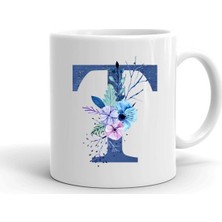 Mavi Renkli T Harfi Baskılı Seramik Beyaz Kupa