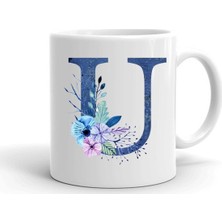 Mavi Renkli U Harfi Baskılı Seramik Beyaz Kupa