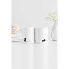 Oturan Kedi ve Uyuyan Kedi Kupa, Ikili Set, Kedi Sever Hediyeler, Hediye Kupa Bardak