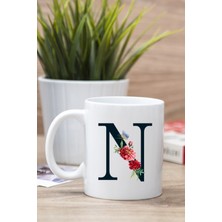 Beyaz N Harfi Çiçek Tasarım Kupa Bardak