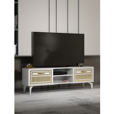 Tv Sehpası Tv Ünitesi Vera Beyaz Gold Çizgili 5052