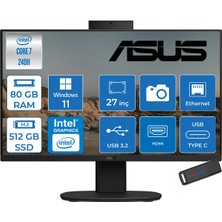 Asus V470VAK Intel® Core™ 7 240H 5.2ghz 80GB Ddr5 512GB SSD 27" Fhd 100HZ 300NITS Srgb: %100 WIN11PRO Siyah Allınone Bilgisayar 27C716512B0DP27+ZETTAUSBBELLEK