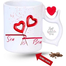 Caisya Sevgililer Günü Hediyesi Baskılı Porselen Dönen Kalp Figürlü Kupa Bardak