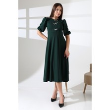 Ezraa Karpuz Kollu Metal Aksesuarlı Midi Boy Elbise - Yeşil