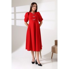 Ezraa Karpuz Kollu Metal Aksesuarlı Midi Boy Elbise Kırmızı