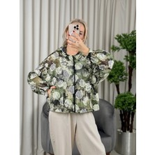 On Fashion Kapüşonlu Desenli Fermuarlı Kadın Yeşil Ince Mont 52704