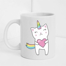 Unıcornlu Kedi Figürlü Beyaz Baskılı Kupa