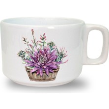 Mor Çiçek Baskılı Seramik Beyaz Kahve Kupası