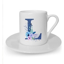 Mavi Renkli L Harfi Baskılı Beyaz Türk Kahvesi Fincanı