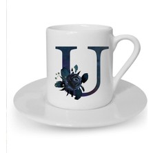 Siyah Gül U Harfi Baskılı Beyaz Türk Kahvesi Fincanı