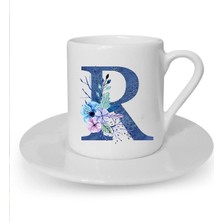 Mavi Renkli R Harfi Baskılı Beyaz Türk Kahvesi Fincanı