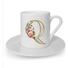 Desenli Q Harfi Baskılı Beyaz Türk Kahvesi Fincanı