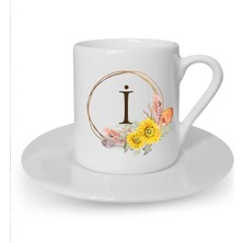 Çiçek Desenli I Harfi Baskılı Beyaz Türk Kahvesi Fincanı