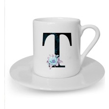Mavi Çiçekli T Harfi Baskılı Beyaz Türk Kahvesi Fincanı