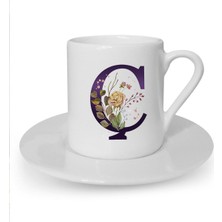 Kahverengi Gül Ç Harfi Baskılı Beyaz Türk Kahvesi Fincanı