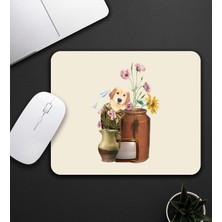 Bej Renk Köpek ve Çiçek Motifli Mouse Pad 23X19CM Fare Altlığı Kaydırmaz Taban DE590