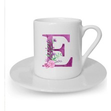 Mor Renkli E Harfi Baskılı Şık Beyaz Türk Kahvesi Fincanı