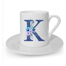 Mavi Renkli K Harfi Baskılı Beyaz Türk Kahvesi Fincanı