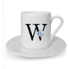 Mavi Çiçekli W Harfi Baskılı Beyaz Türk Kahvesi Fincanı