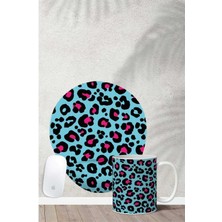 Mavi Leopar Desenli Bilek Destekli Mouse Pad Kupa Seti