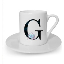 Mavi Çiçekli G Harfi Baskılı Beyaz Türk Kahvesi Fincanı