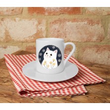 Sevimli Kedi Baskılı Beyaz Türk Kahvesi Fincanı