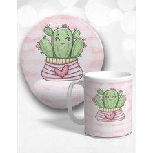 Sevimli Kaktüs Oval Bilek Destekli Mouse Pad ve Kupa Bardak Seti