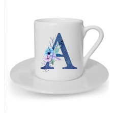Mavi Renkli A Harfi Baskılı Beyaz Türk Kahvesi Fincanı