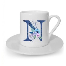 Mavi Renkli N Harfi Baskılı Beyaz Türk Kahvesi Fincanı