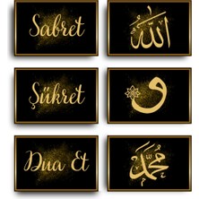 GLASSİFY Sabret Şükret Dua Et Allah Muhammed Vav Gold 6'lı Mdf Tablo Set