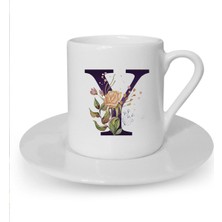 Kahverengi Gül Y Harfi Baskılı Beyaz Türk Kahvesi Fincanı