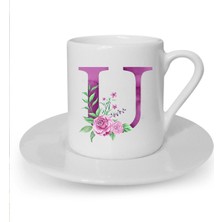 Mor Renkli U Harfi Baskılı Beyaz Türk Kahvesi Fincanı