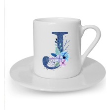 Mavi Renkli J Harfi Baskılı Beyaz Türk Kahvesi Fincanı