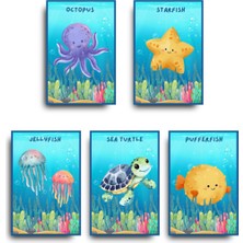 GLASSİFY Sevimli Okyanus Sakinleri 5'li Mdf Çocuk Odası Tablo Seti