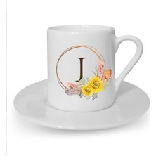 Çiçek Desenli J Harfi Baskılı Beyaz Kahve Fincanı