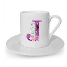 Mor Renkli J Harfi Baskılı Beyaz Türk Kahvesi Fincanı