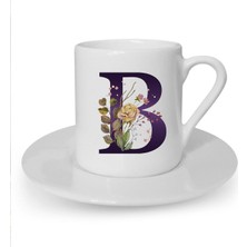 Beyaz Kahverengi Gül B Harfi Baskılı Türk Kahvesi Fincanı