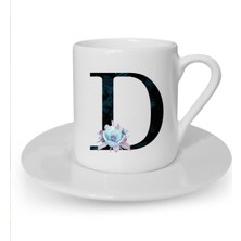 Mavi Çiçekli D Harfi Baskılı Beyaz Türk Kahvesi Fincanı